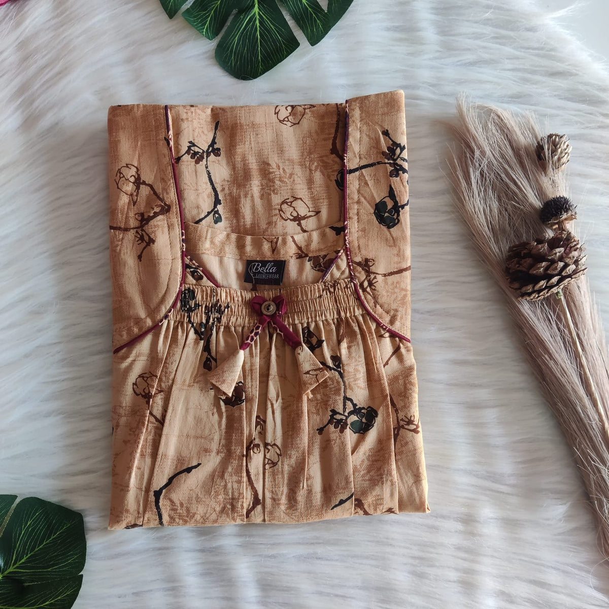 Yellow Printed Premium Cotton Front Elastic Pleated Nighty | Free Size | Chest Width 44″| Length 56″