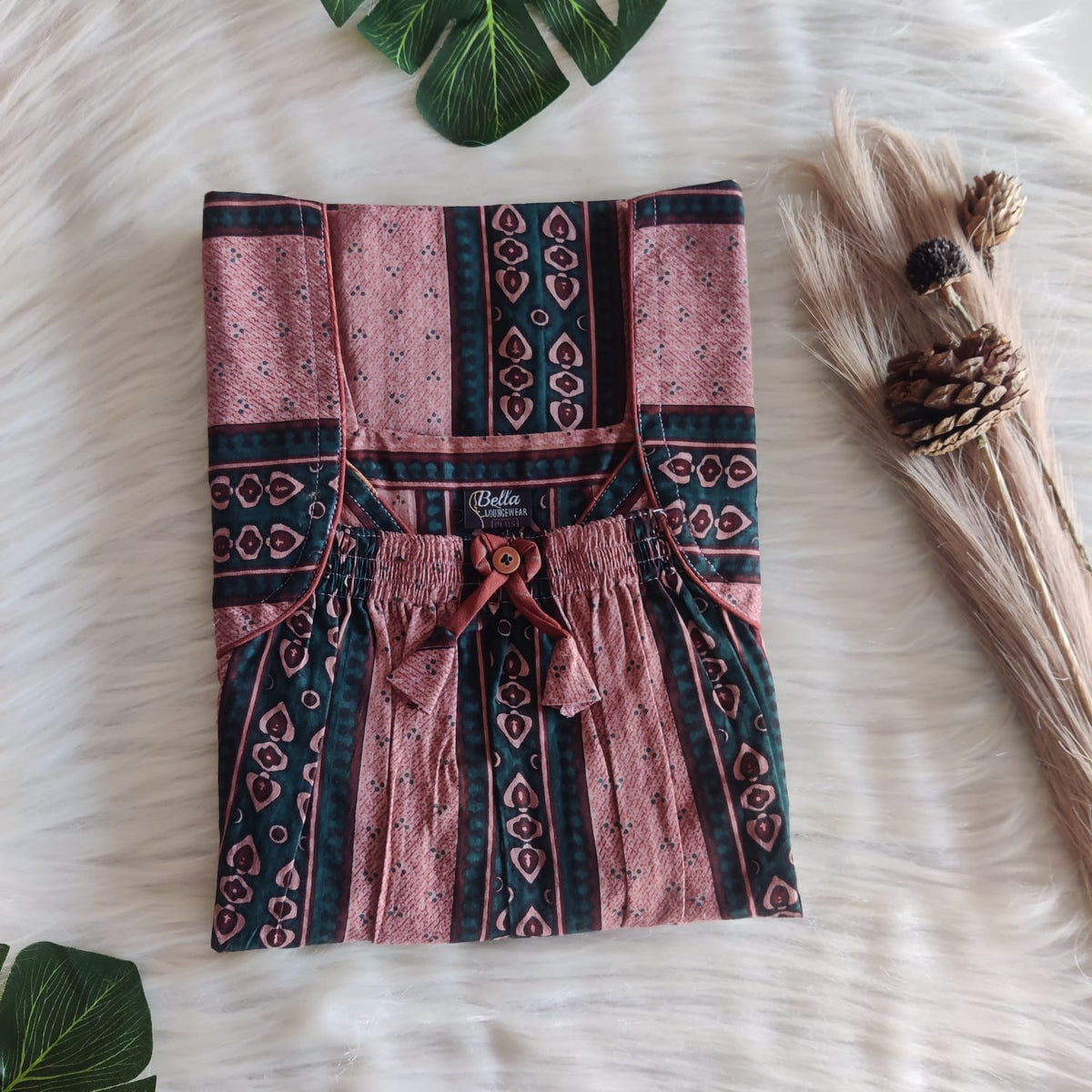 Green And Brown Printed Premium Cotton Front Elastic Pleated Nighty | Free Size | Chest Width 44″| Length 56″