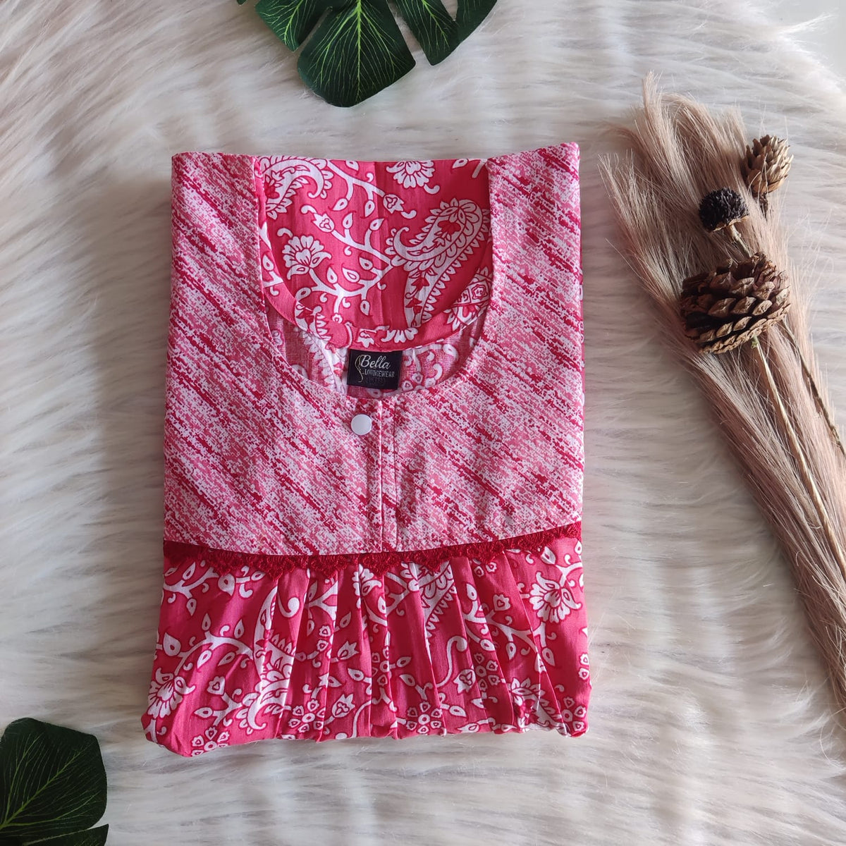 White And Peach Printed Premium Cotton Lace Nighty | Free Size | Chest Width 44″| Length 54″-56″