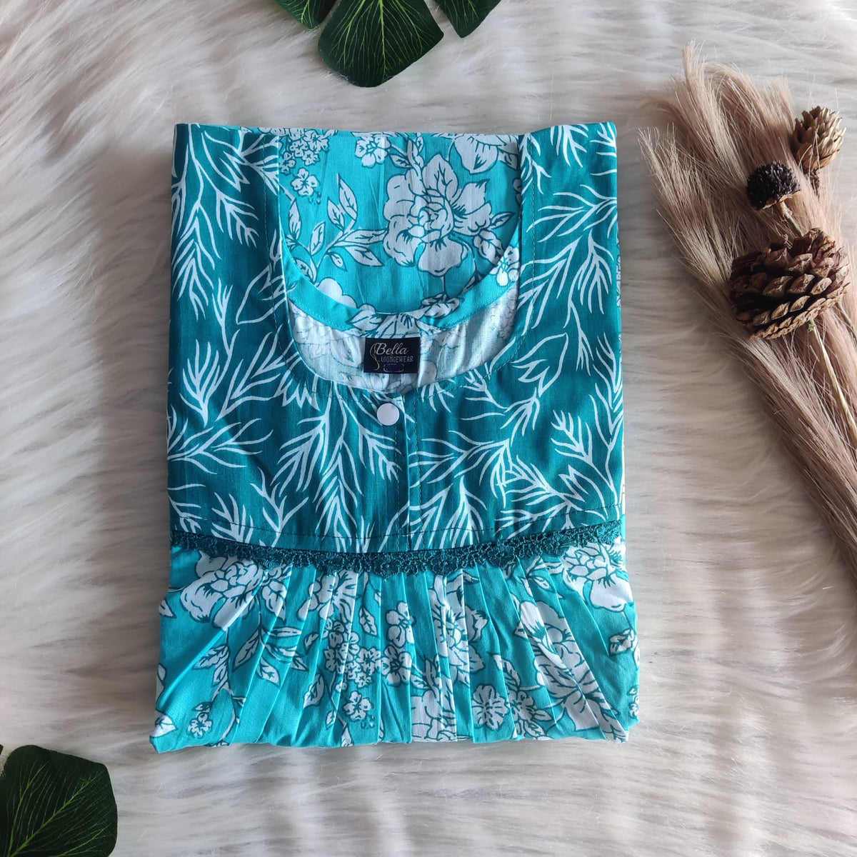 Dark And Pale Blue Printed Premium Cotton Lace Nighty | Free Size | Chest Width 44″| Length 54″-56″