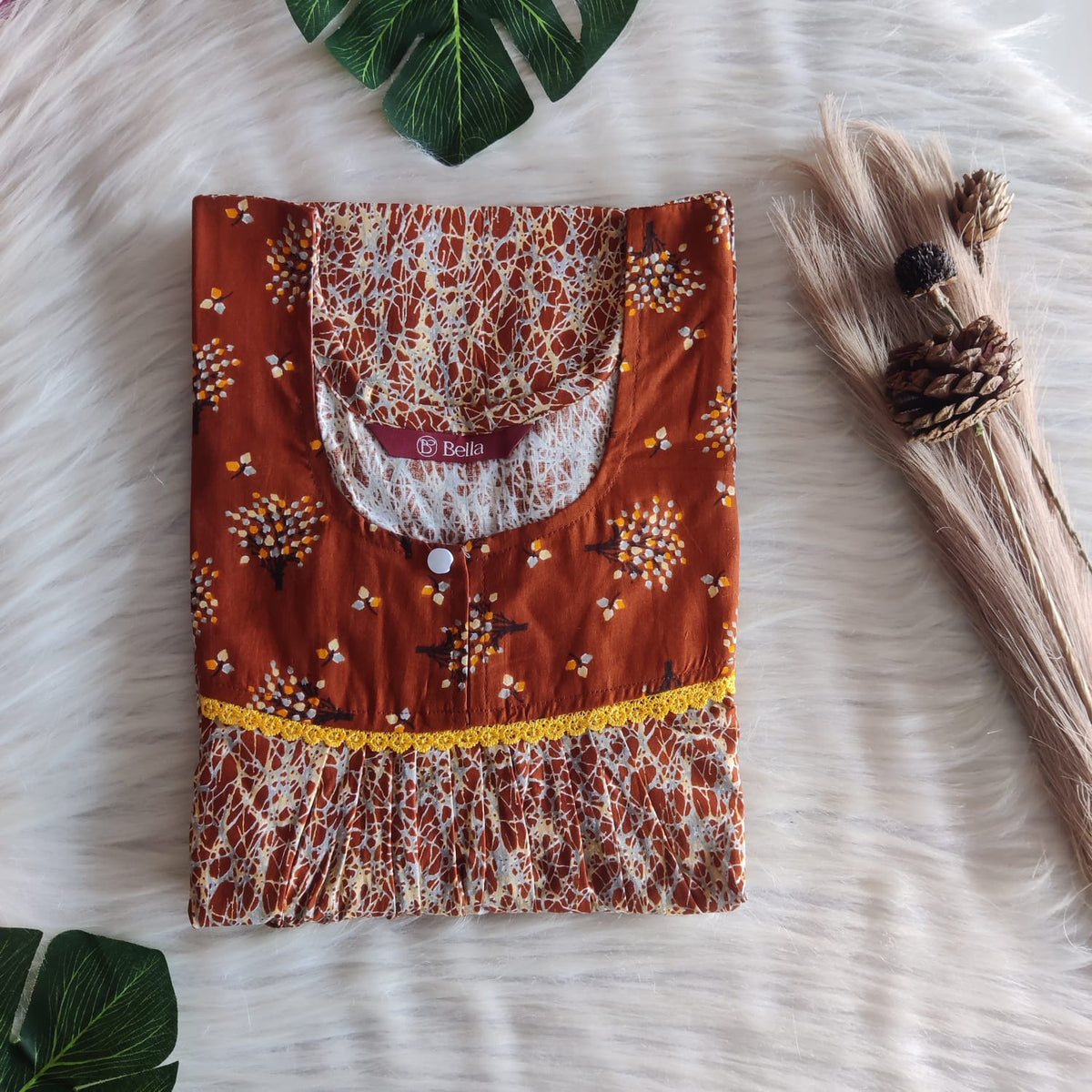 Brown And Grey Printed Premium Cotton Lace Nighty | Free Size | Chest Width 44″| Length 54″-56″