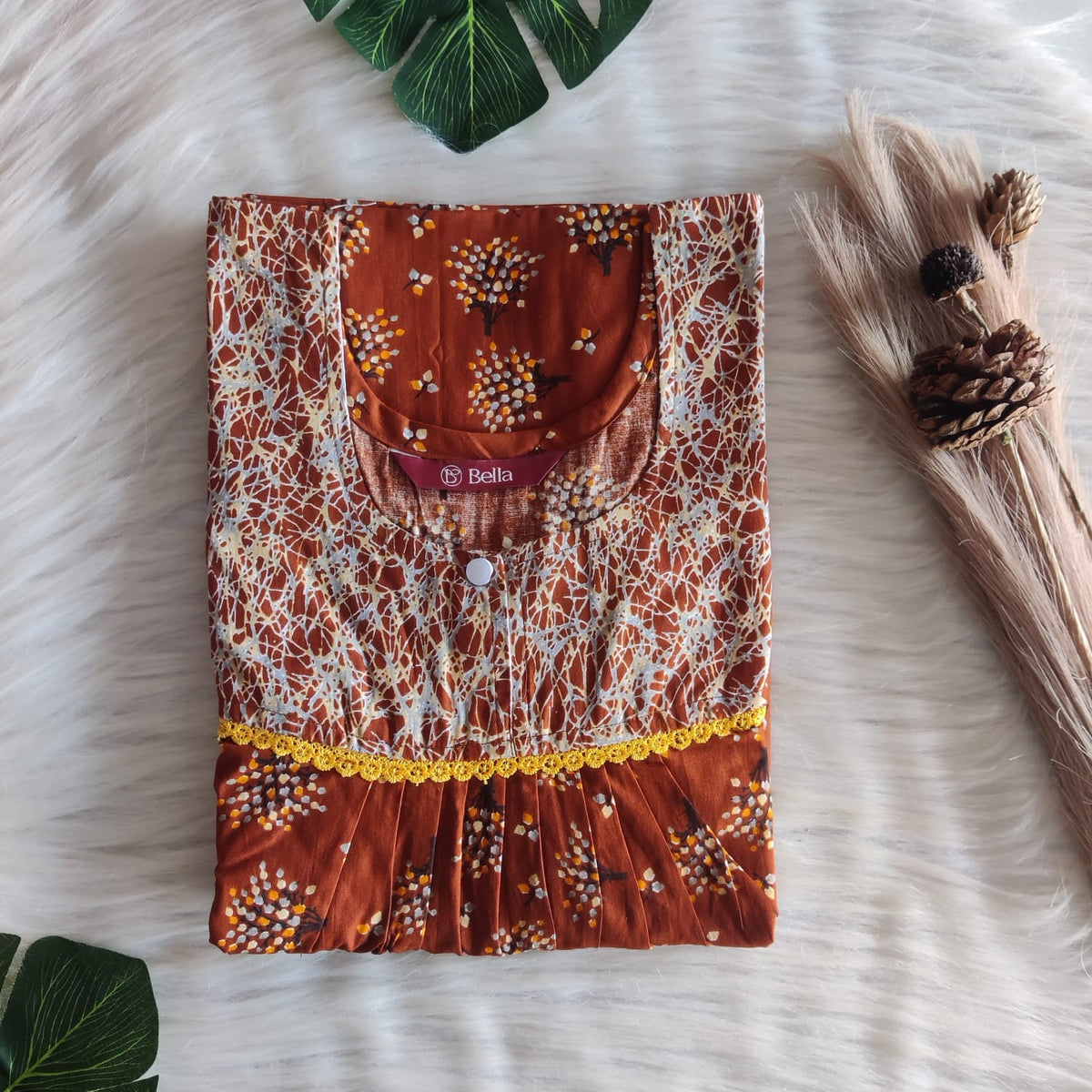 Grey And Brown Printed Premium Cotton Lace Nighty | Free Size | Chest Width 44″| Length 54″-56″