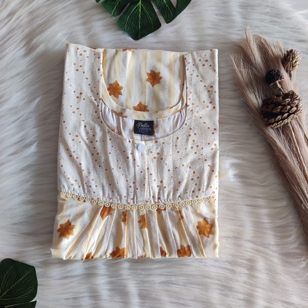 Pale Yellow And Brown Floral Printed Premium Cotton Lace Nighty | Free Size | Chest Width 44″| Length 54″-56″