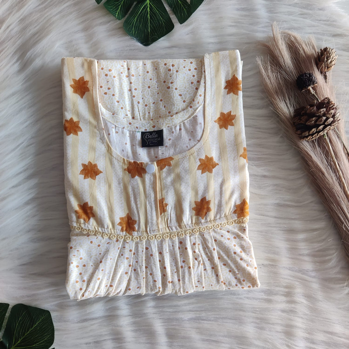 Brown And Pale Yellow Printed Premium Cotton Lace Nighty | Free Size | Chest Width 44″| Length 54″-56″