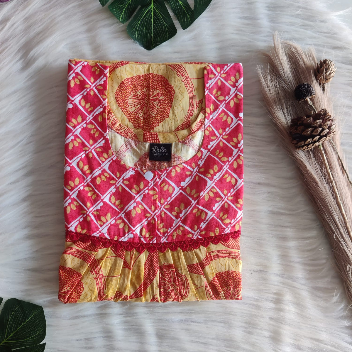 Red And Yellow Printed Premium Cotton Lace Nighty | Free Size | Chest Width 44″| Length 54″-56″