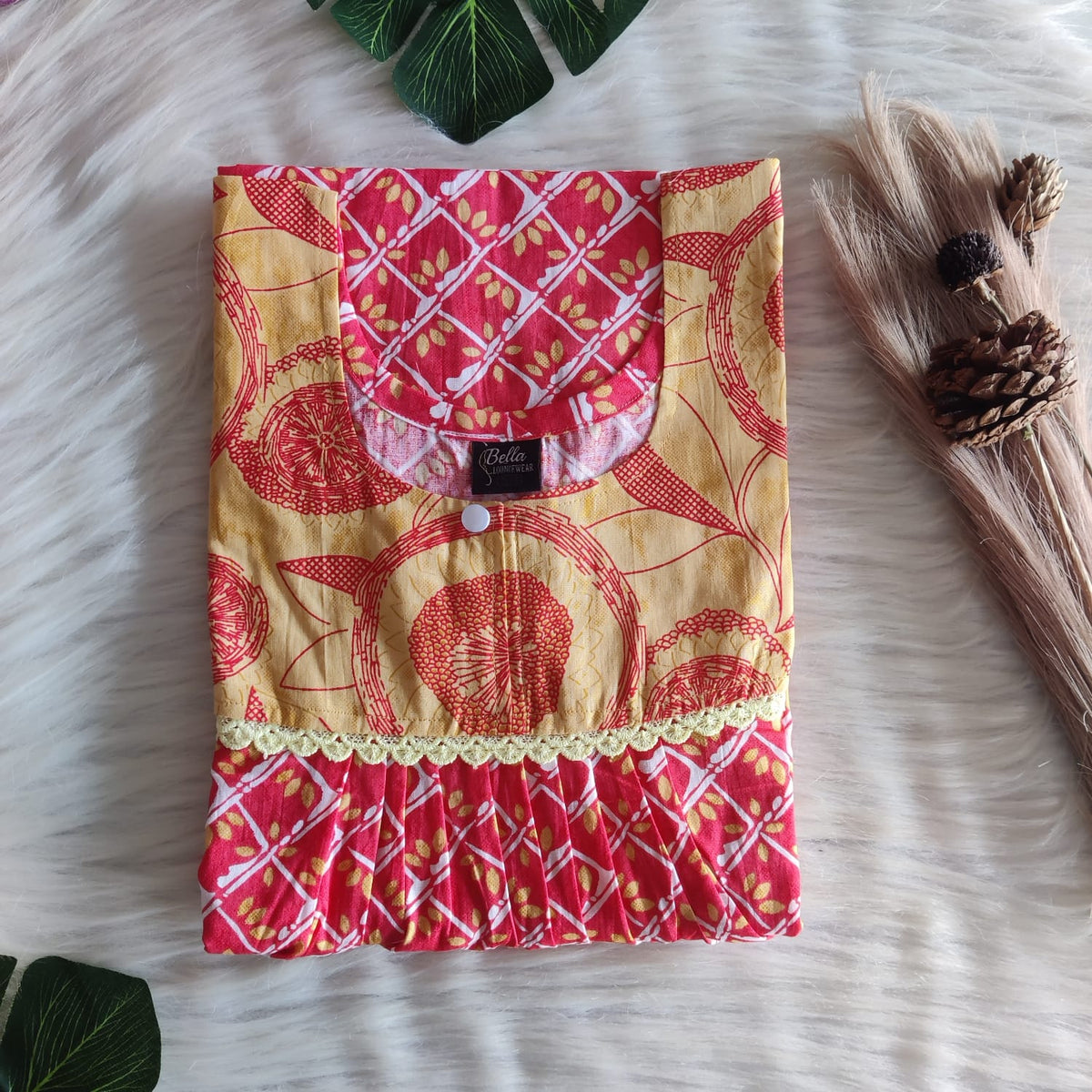 Yellow And Red Printed Premium Cotton Lace Nighty | Free Size | Chest Width 44″| Length 54″-56″