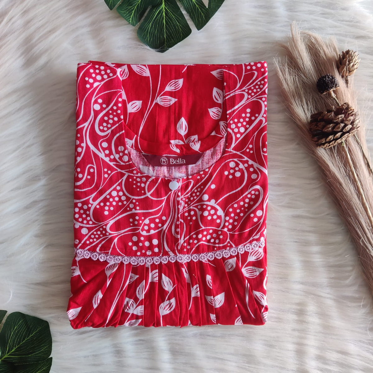 Red And White Leaf Printed Premium Cotton Lace Nighty | Free Size | Chest Width 44″| Length 54″-56″