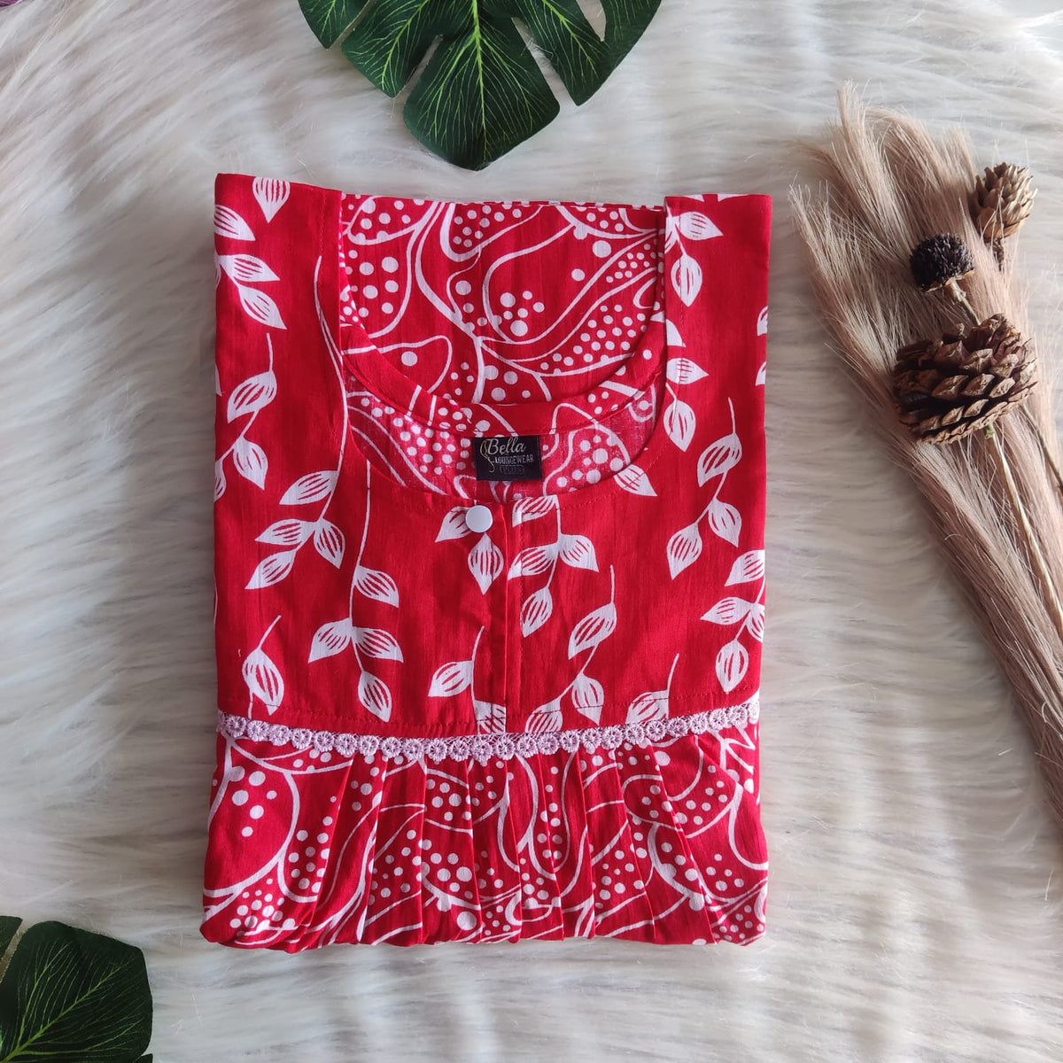 White And Red Printed Premium Cotton Lace Nighty | Free Size | Chest Width 44″| Length 54″-56″