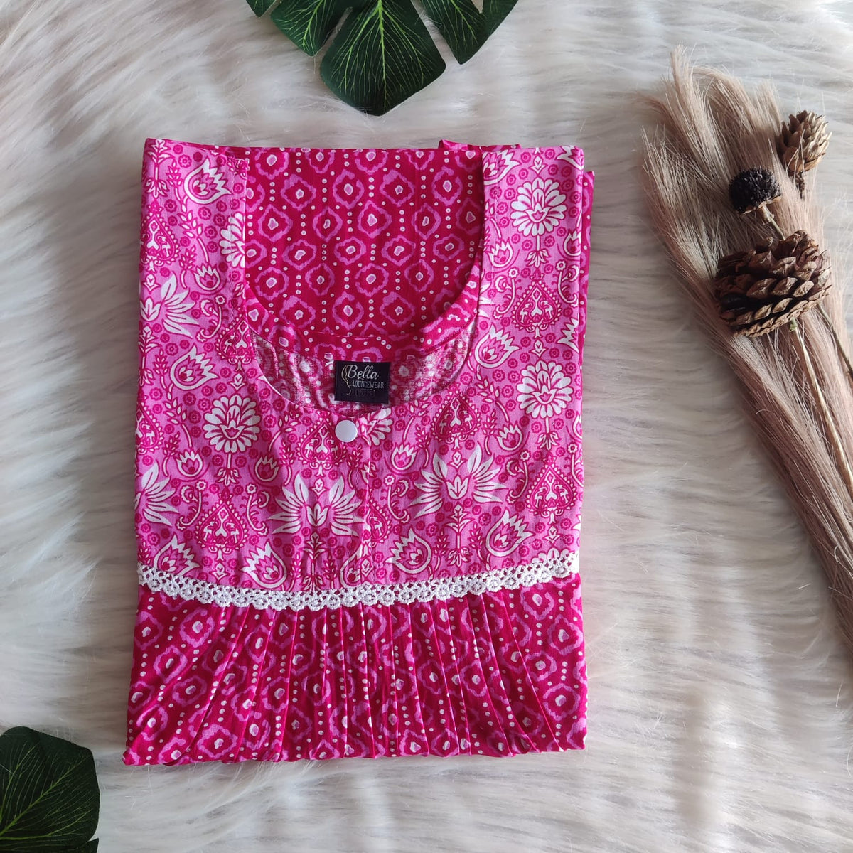 White And Pink Printed Premium Cotton Lace Nighty | Free Size | Chest Width 44″| Length 54″-56″