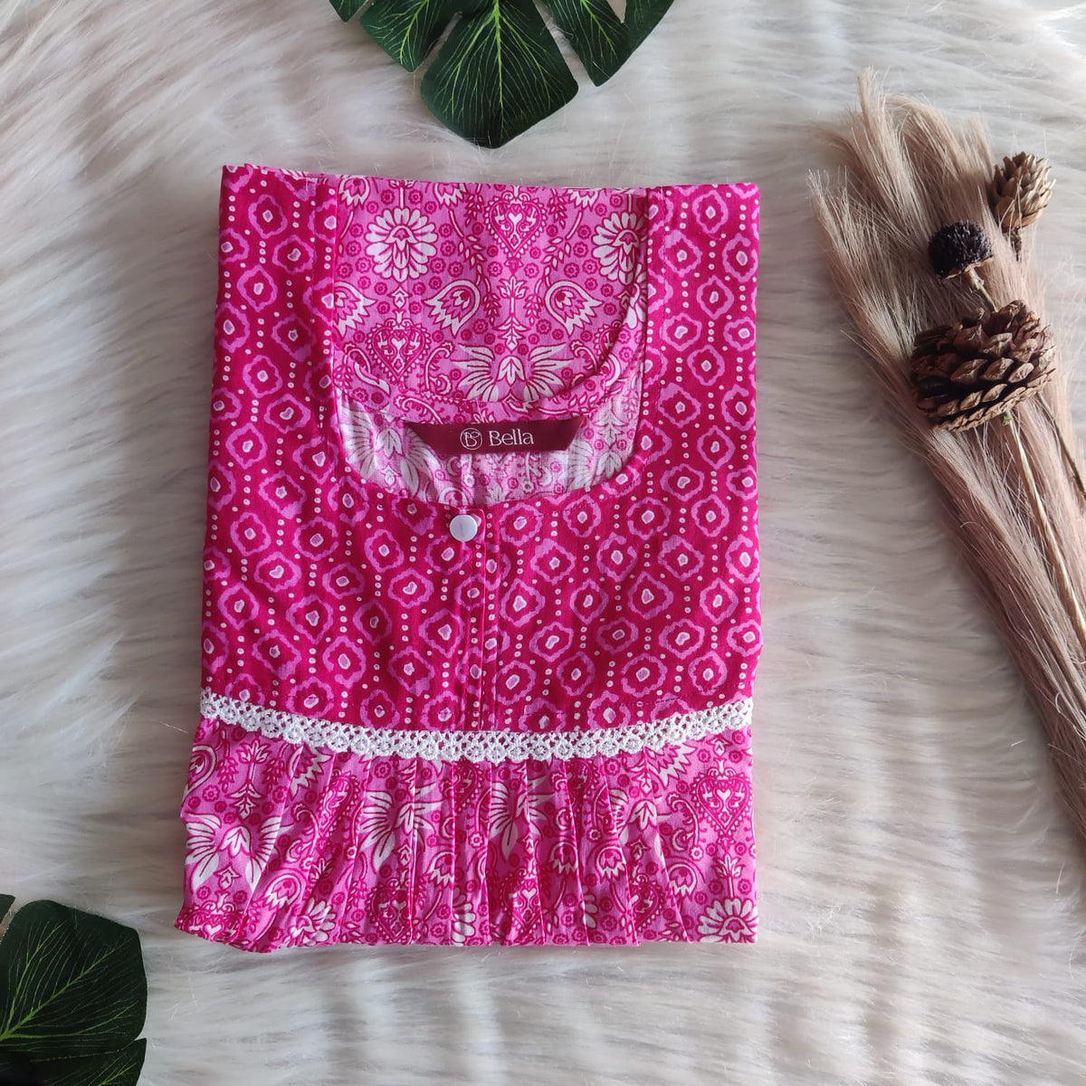 Pink And White Printed Premium Cotton Lace Nighty | Free Size | Chest Width 44″| Length 54″-56″