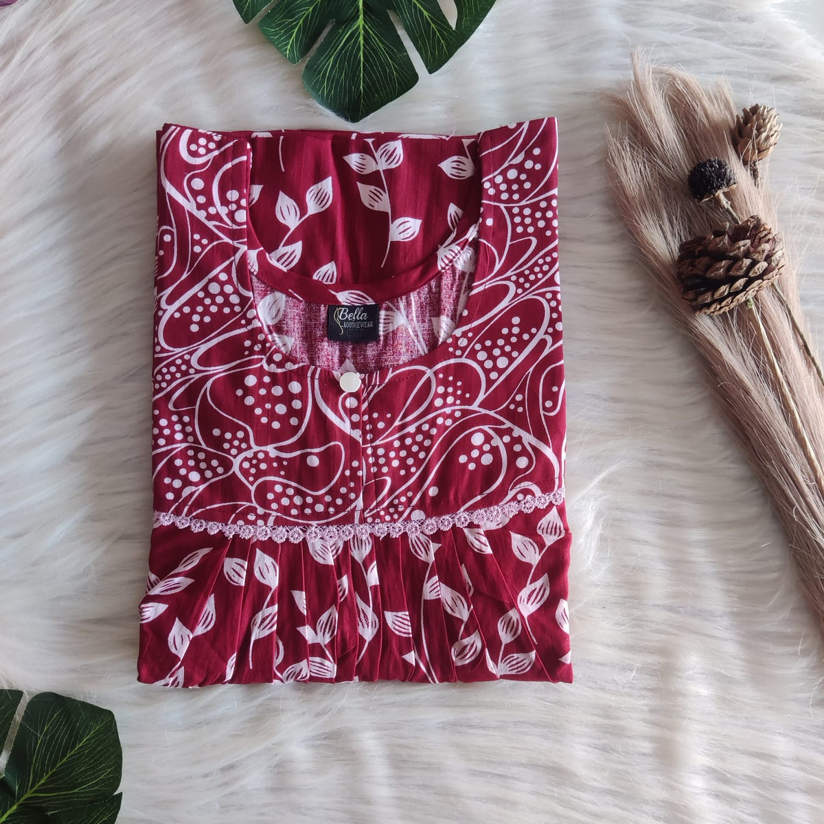 Maroon And White Leaf Printed Premium Cotton Lace Nighty | Free Size | Chest Width 44″| Length 54″-56″