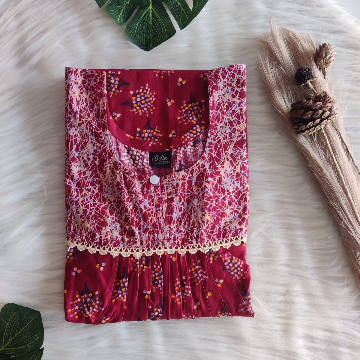 Grey And Maroon Printed Premium Cotton Lace Nighty | Free Size | Chest Width 44″| Length 54″-56″