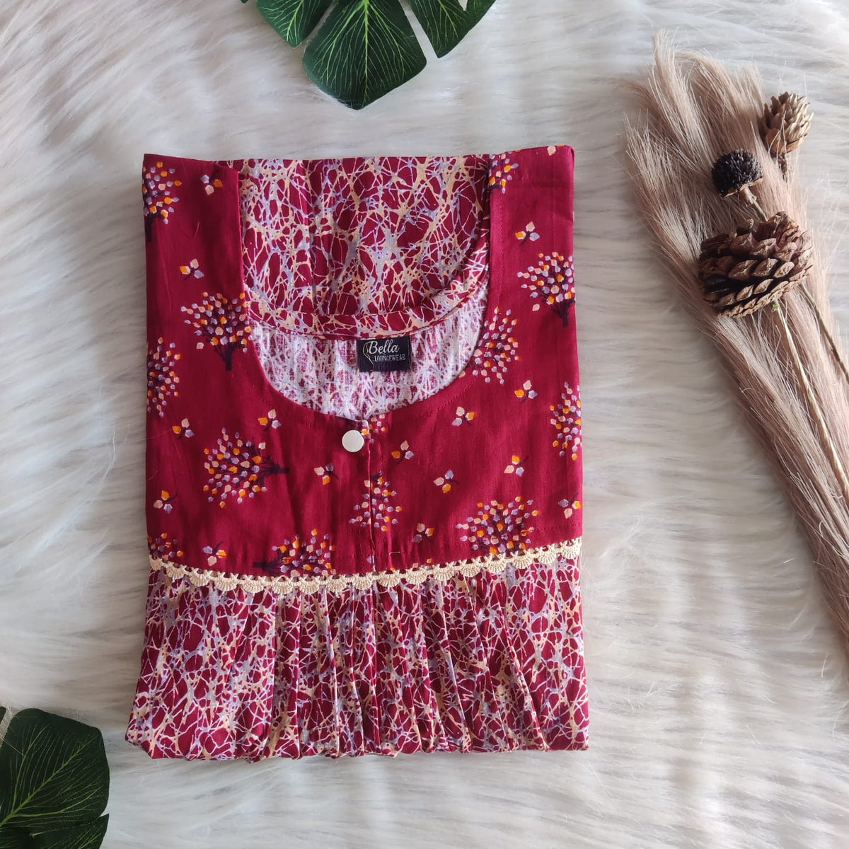 Maroon And Grey Printed Premium Cotton Lace Nighty | Free Size | Chest Width 44″| Length 54″-56″