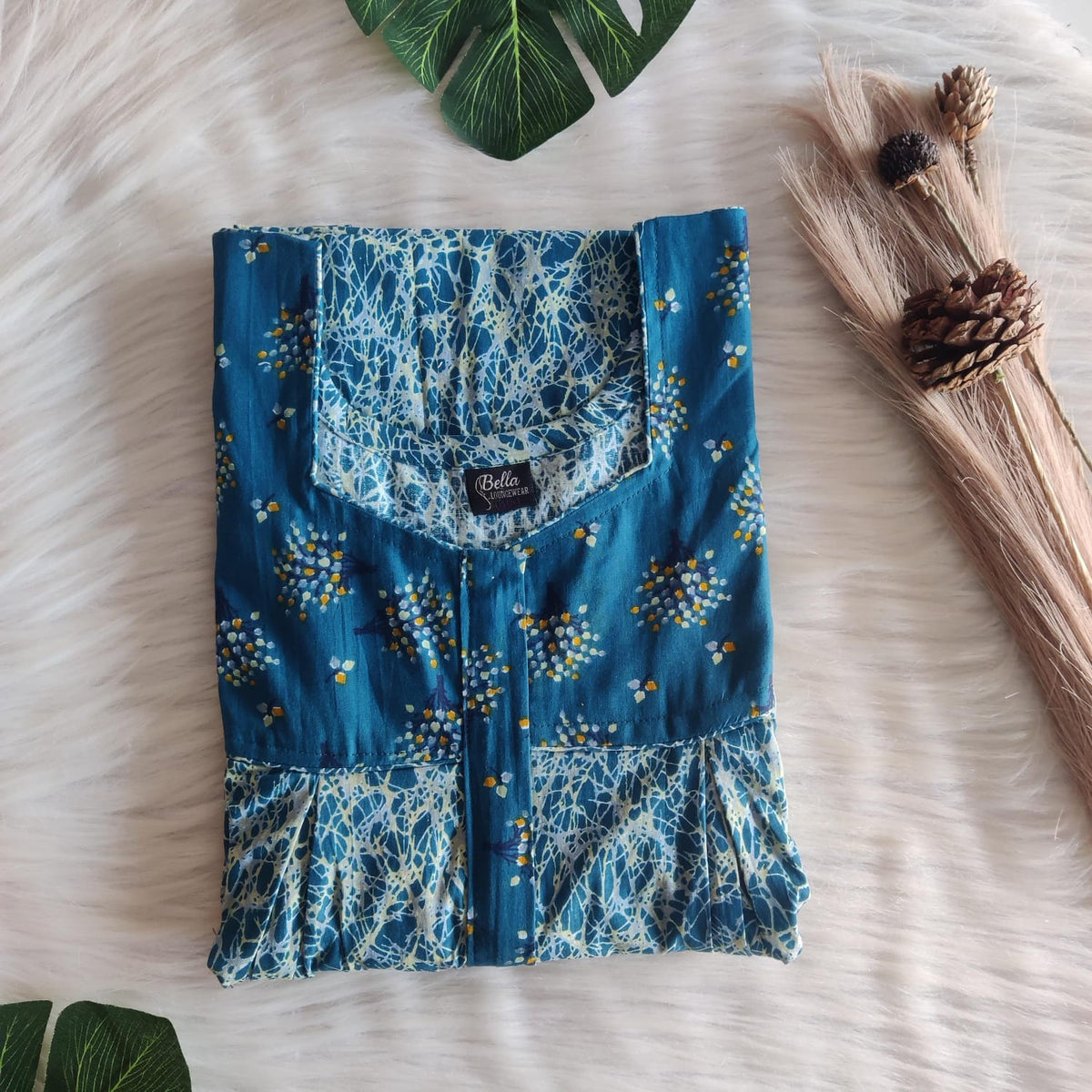 Teal Blue And Yellow Printed Premium Cotton Pleated Vertical Zip Feeding Nighty | Free Size | Chest Width 44″| Length 54″-56″