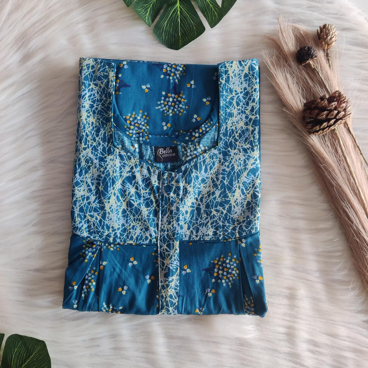 Yellow And Teal Blue Printed Premium Cotton Pleated Vertical Zip Feeding Nighty | Free Size | Chest Width 44″| Length 54″-56″