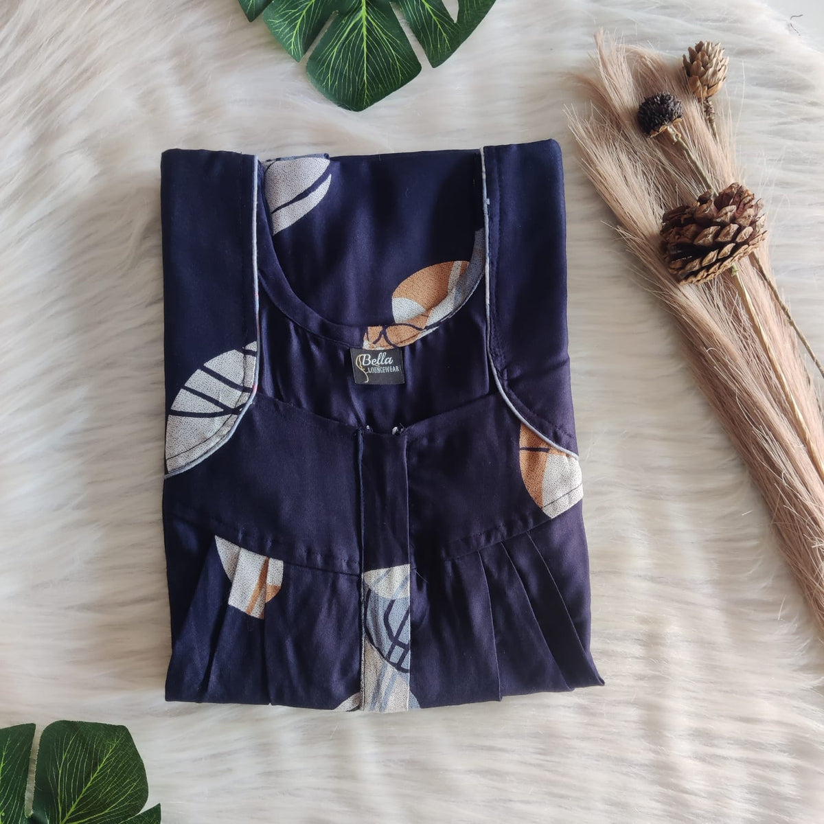 Navy-Blue  Printed Alfine Pleated Zip Nighty | Free Size | Chest Width 44″| Length 54″-55″
