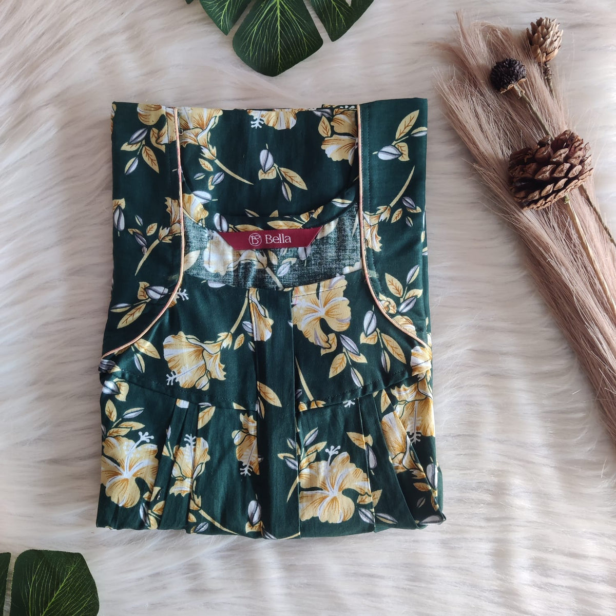 Green And Yellow Floral Printed Premium Cotton Pleated Zip Nighty | Free Size | Chest Width 44″| Length 54″-55″