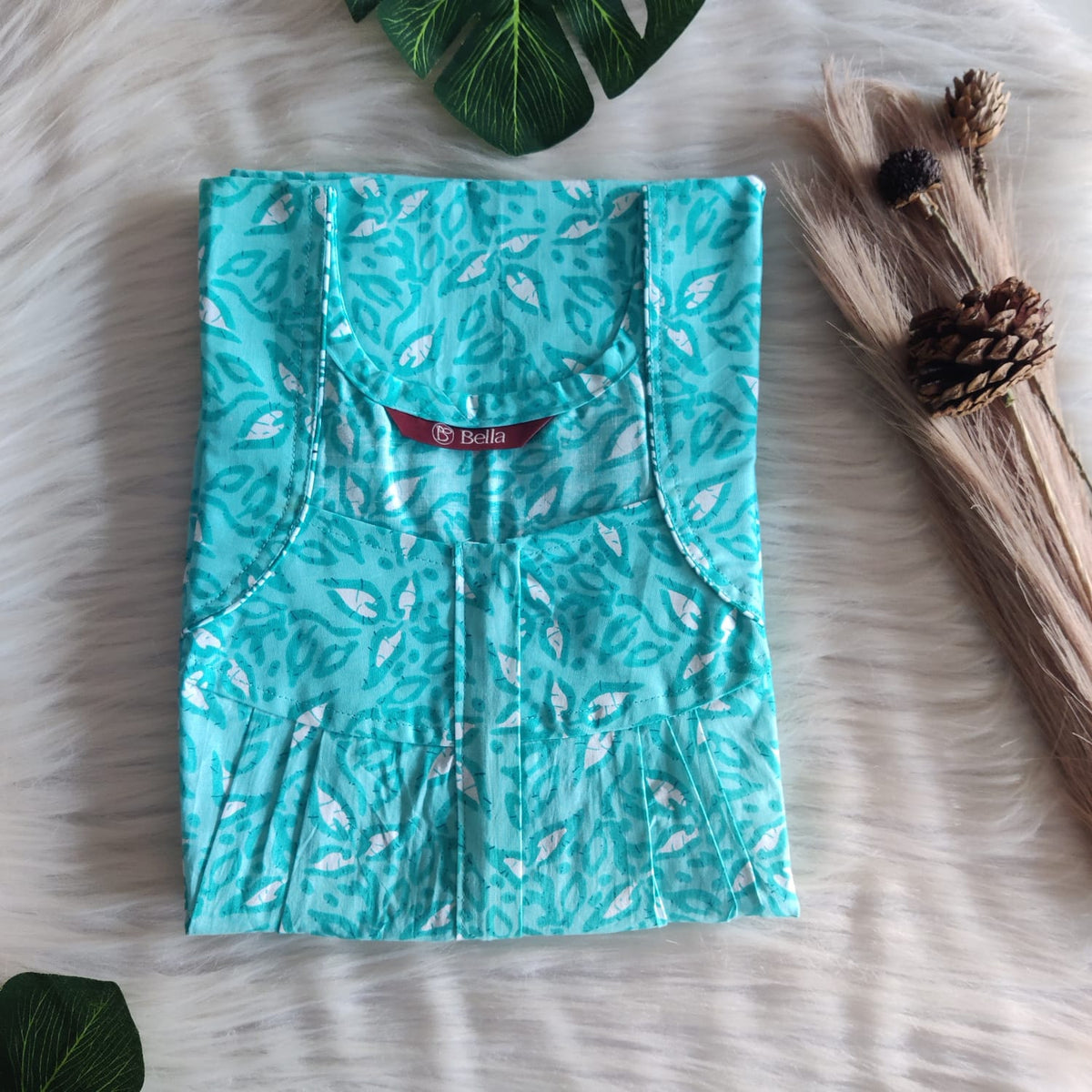 Aqua Blue Printed Premium Cotton Pleated Zip Nighty | Free Size | Chest Width 44″| Length 54″-55″