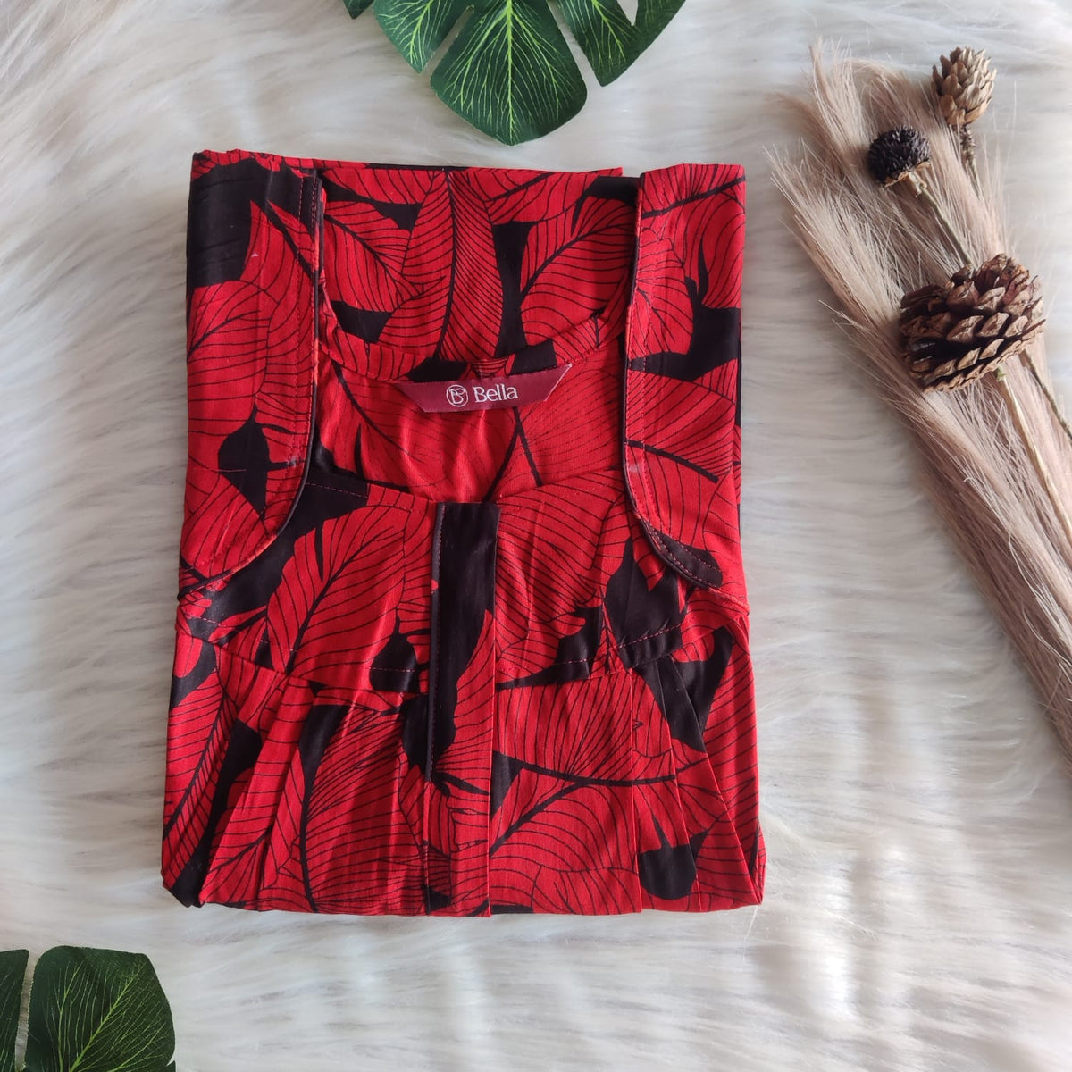 Black And Red Leaf Printed Premium Cotton Pleated Zip Nighty | Free Size | Chest Width 44″| Length 54″-55″