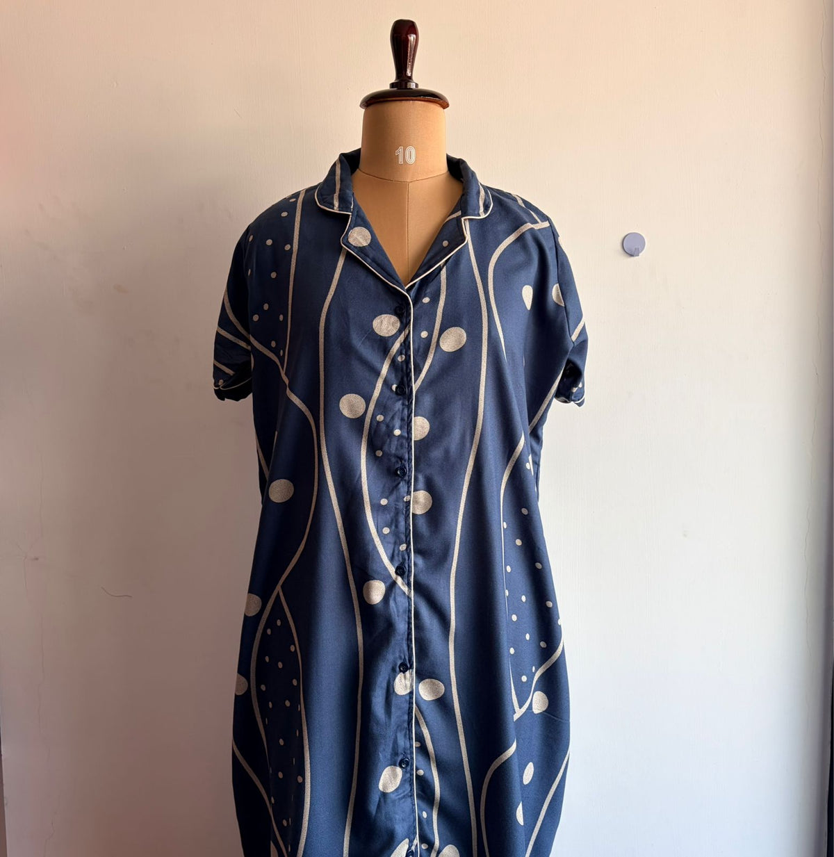 Grey Dot Printed Alpine Full Open Long Polo Shirt Dress | Side Pocket | Free Size | Chest Width 44″| Length 44″