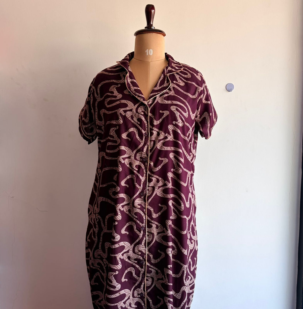 Wine Printed Alpine Full Open Long Polo Shirt Dress | Side Pocket | Free Size | Chest Width 44″| Length 44″