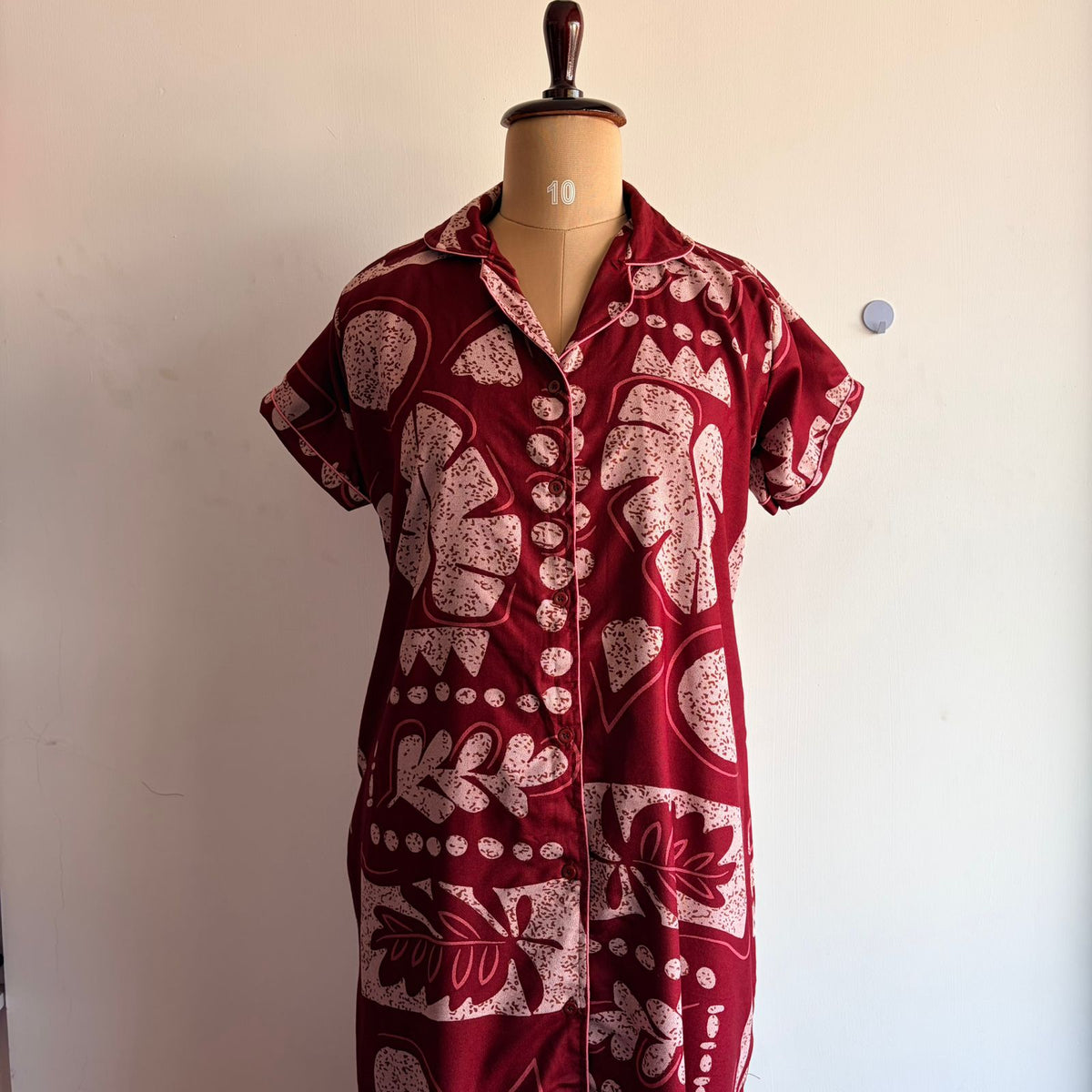 Maroon Printed Alpine Full Open Long Polo Shirt Dress | Side Pocket | Free Size | Chest Width 44″| Length 44″