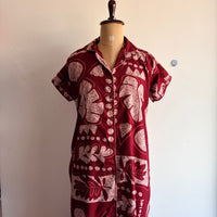 Maroon Printed Alpine Full Open Long Polo Shirt Dress | Side Pocket | Free Size | Chest Width 44″| Length 44″
