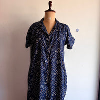 Navy-Blue Bandhani Printed Alpine Full Open Long Polo Shirt Dress | Side Pocket | Free Size | Chest Width 44″| Length 44″