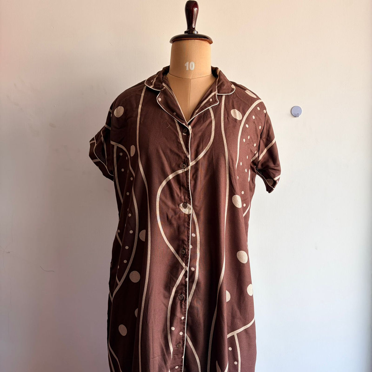 Brown Dot Printed Alpine Full Open Long Polo Shirt Dress | Side Pocket | Free Size | Chest Width 44″| Length 44″