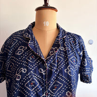 Navy-Blue Bandhani Printed Alpine Full Open Long Polo Shirt Dress | Side Pocket | Free Size | Chest Width 44″| Length 44″