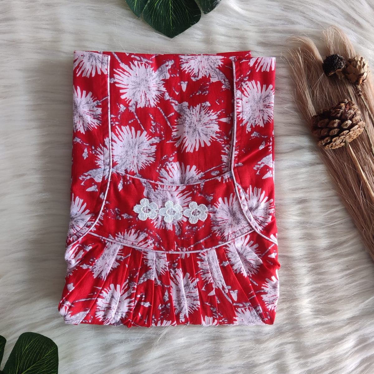 Red And White Floral Printed Premium Cotton Three Flower Nighty |Free Size | Chest Width 44"| Length 54"-55"