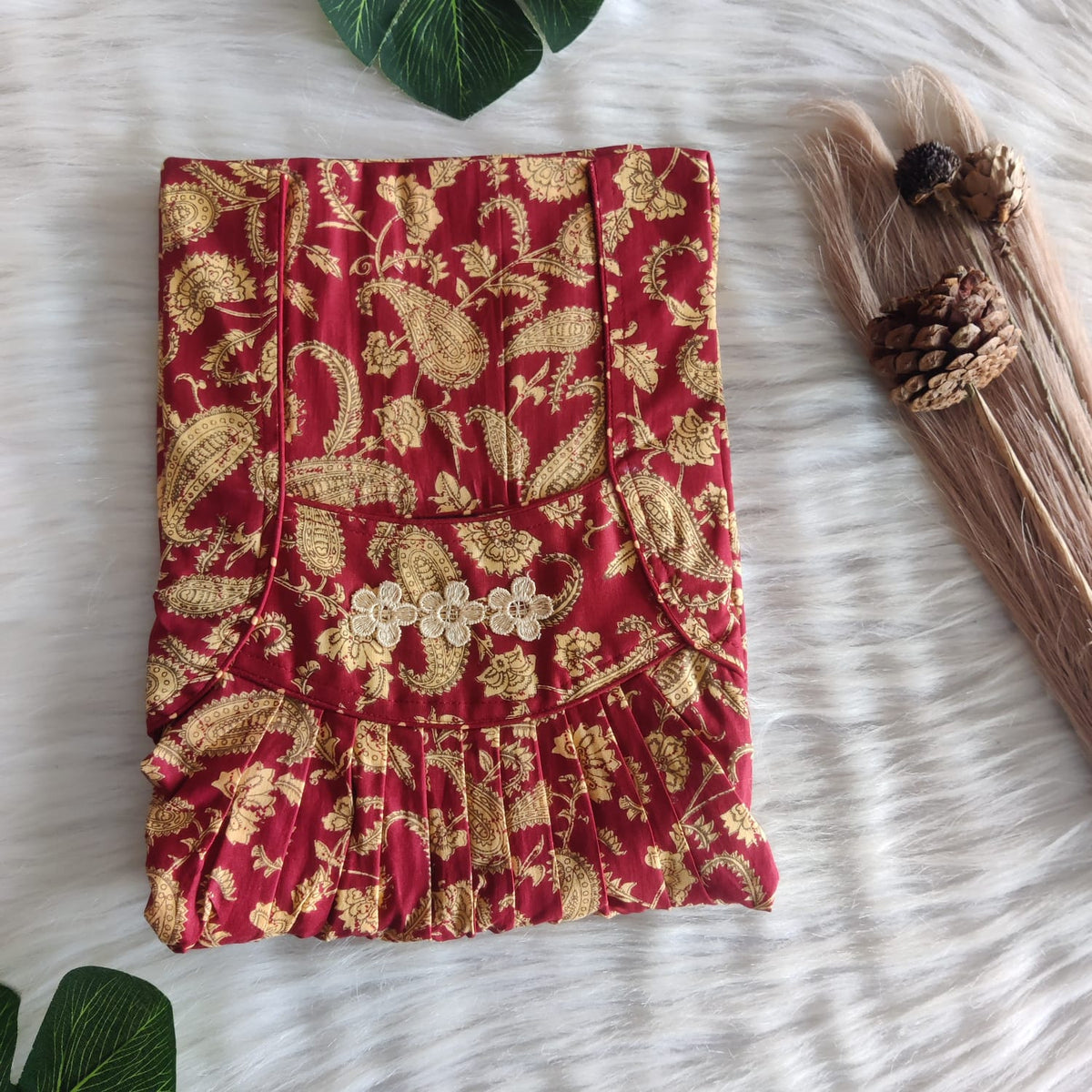 Maroon Kalamkari Printed Premium Cotton Three Flower Nighty |Free Size | Chest Width 44"| Length 54"-55"