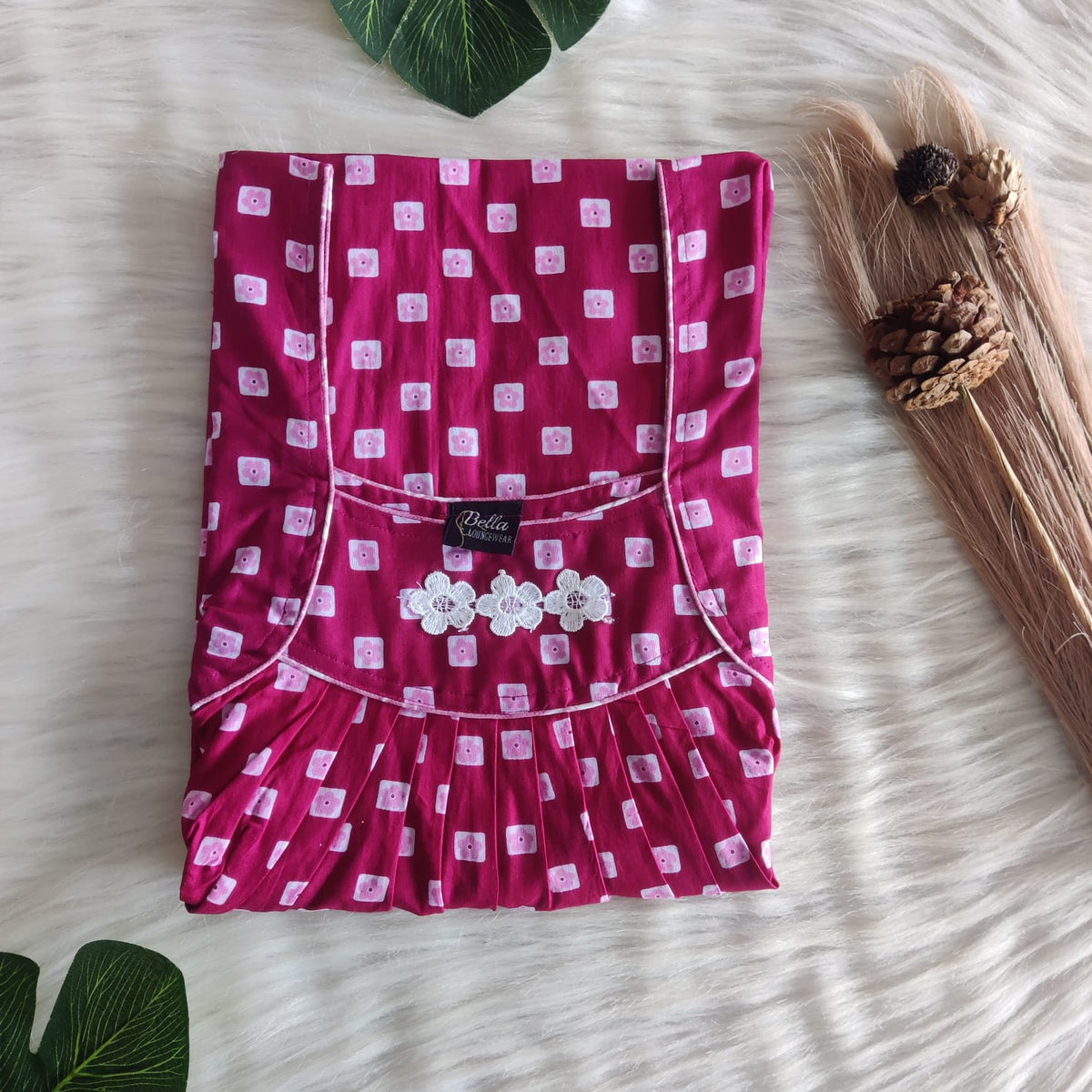 Pink Printed Premium Cotton Three Flower Nighty |Free Size | Chest Width 44"| Length 54"-55"