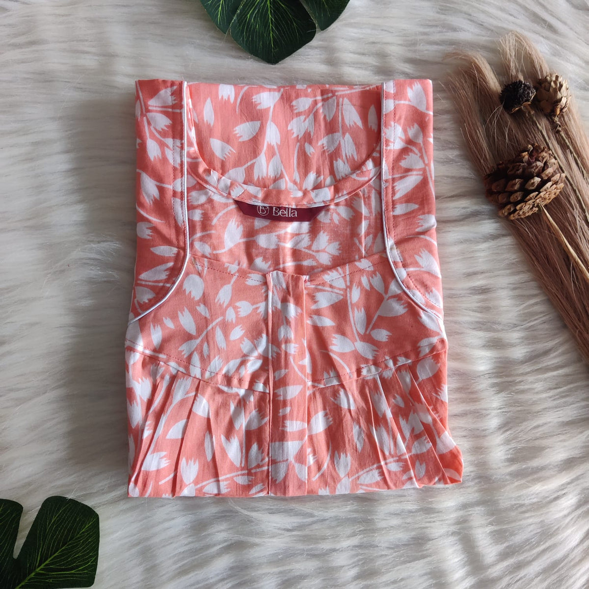 Pastel Orange Premium Cotton Pleated Zip Nighty | Free Size | Chest Width 44″| Length 54″-55″