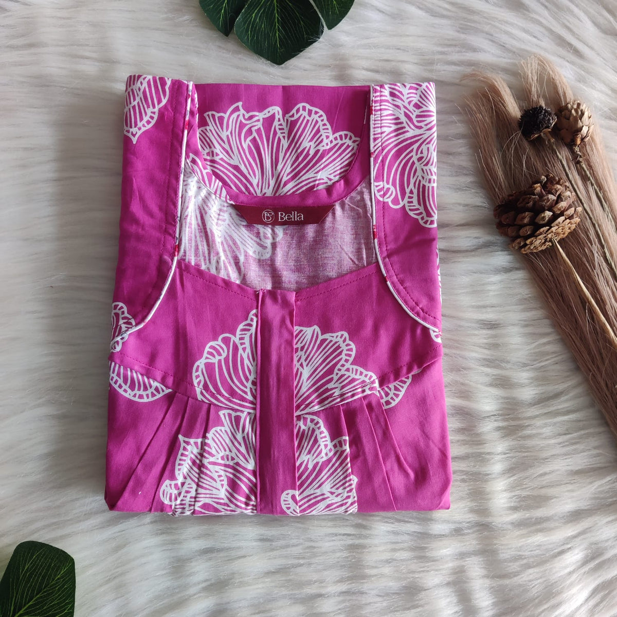 Pink And White Floral  Premium Cotton Pleated Zip Nighty | Free Size | Chest Width 44″| Length 54″-55″