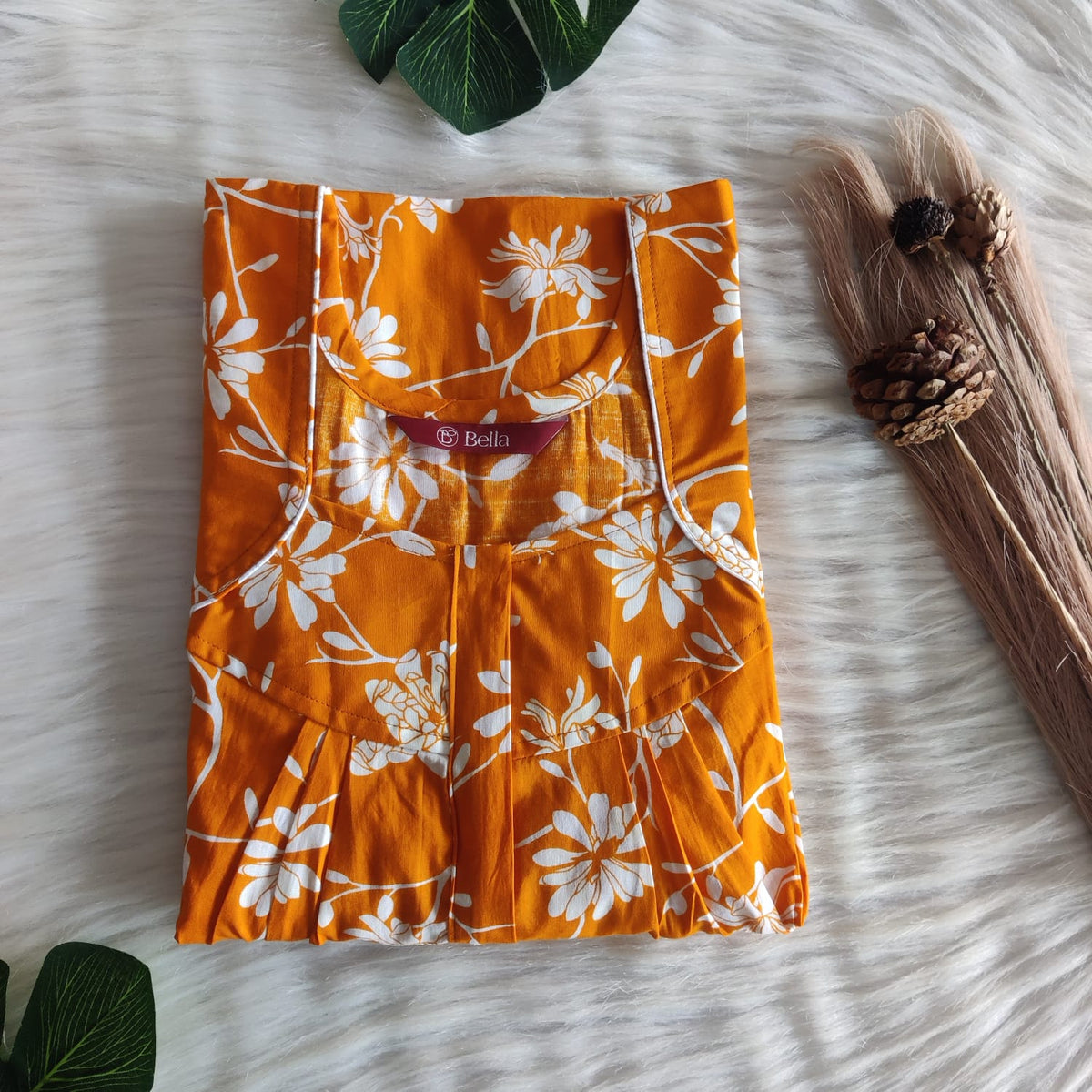 Orange And White Floral Premium Cotton Pleated Zip Nighty | Free Size | Chest Width 44″| Length 54″-55″