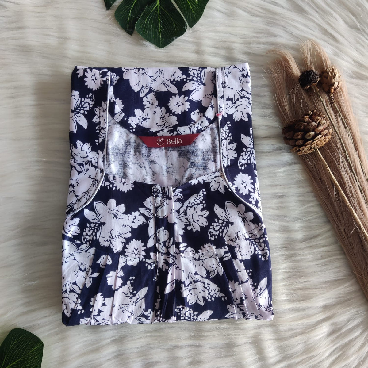 Navy Blue And White Floral Premium Cotton Pleated Zip Nighty | Free Size | Chest Width 44″| Length 54″-55″