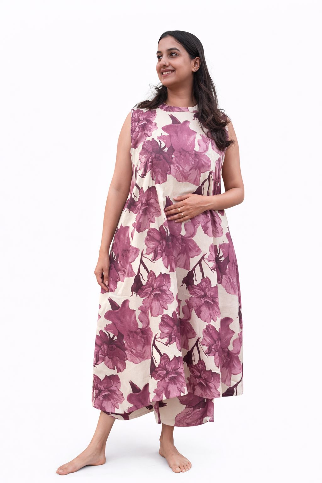 Pink Floral Printed White Khadi Cotton Sleeveless Feeding Kurti Co-ord Set With Two Side Invisible Zip | Palazzo Pant