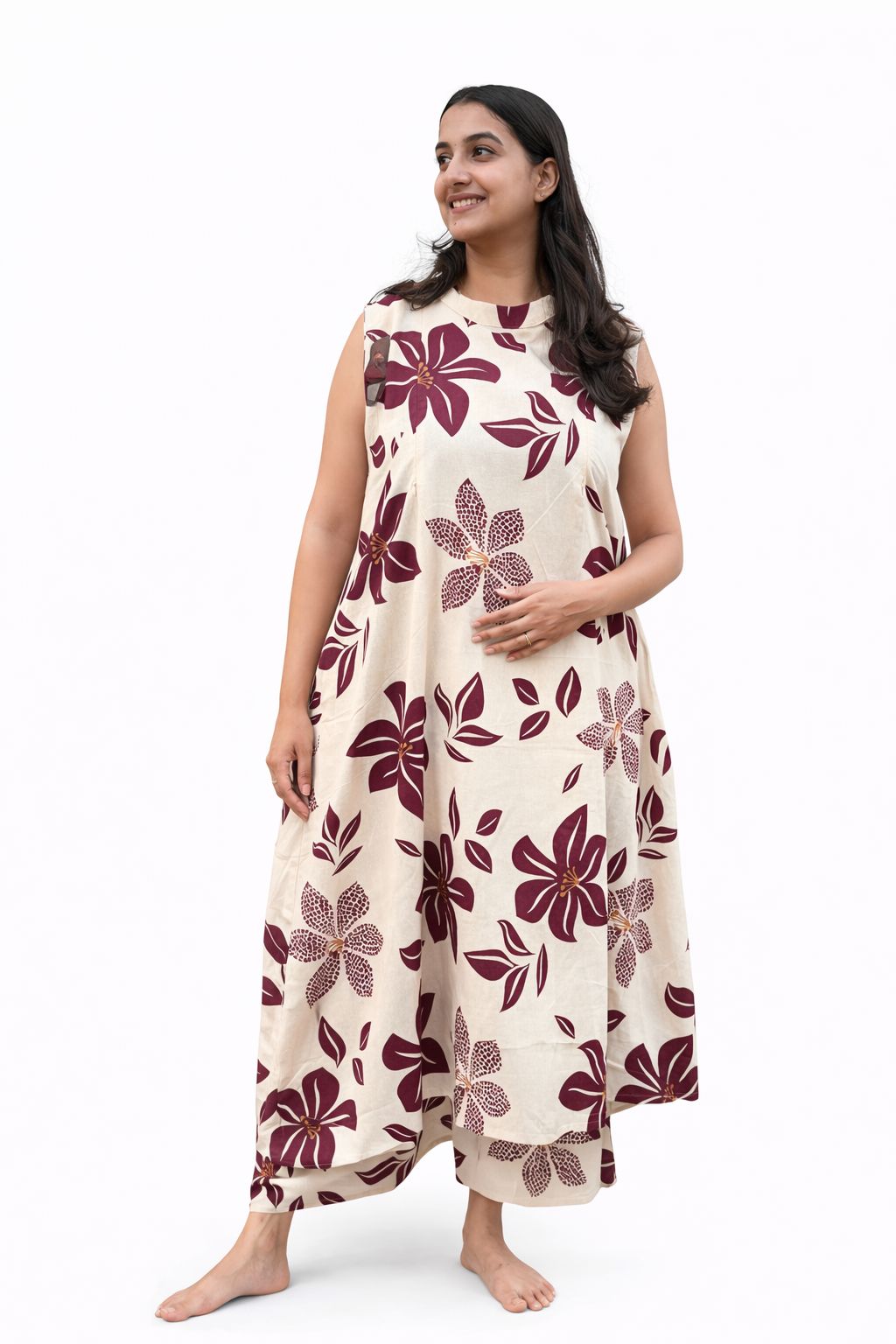 Maroon Floral Printed White Khadi Cotton Sleeveless Feeding Kurti Co-ord Set With Two Side Invisible Zip | Palazzo Pant