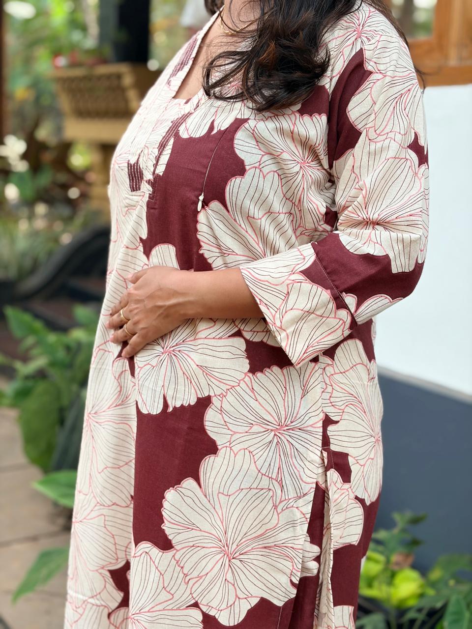 Maroon And White Floral Printed Khadi Cotton Feeding Kurti Co-ord Set With Two Side Invisible Zip | Palazzo Pant | Free Size