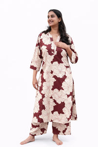 Maroon And White Floral Printed Khadi Cotton Feeding Kurti Co-ord Set With Two Side Invisible Zip | Palazzo Pant | Free Size
