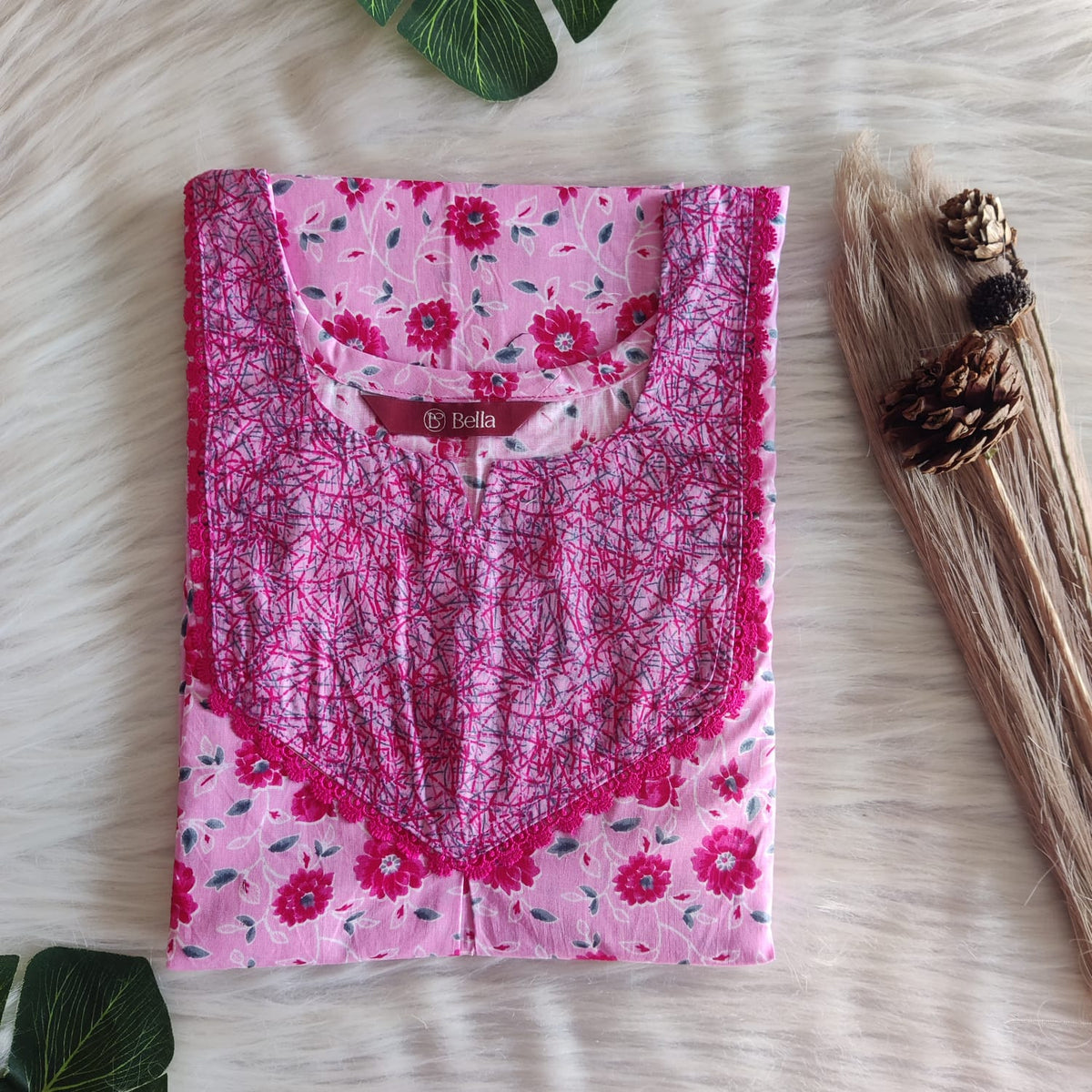 Grey And Pink Floral Printed Premium Cotton Mix N Match Lace Pocket Nighty | Free Size | Chest Width 44″| Length 56″