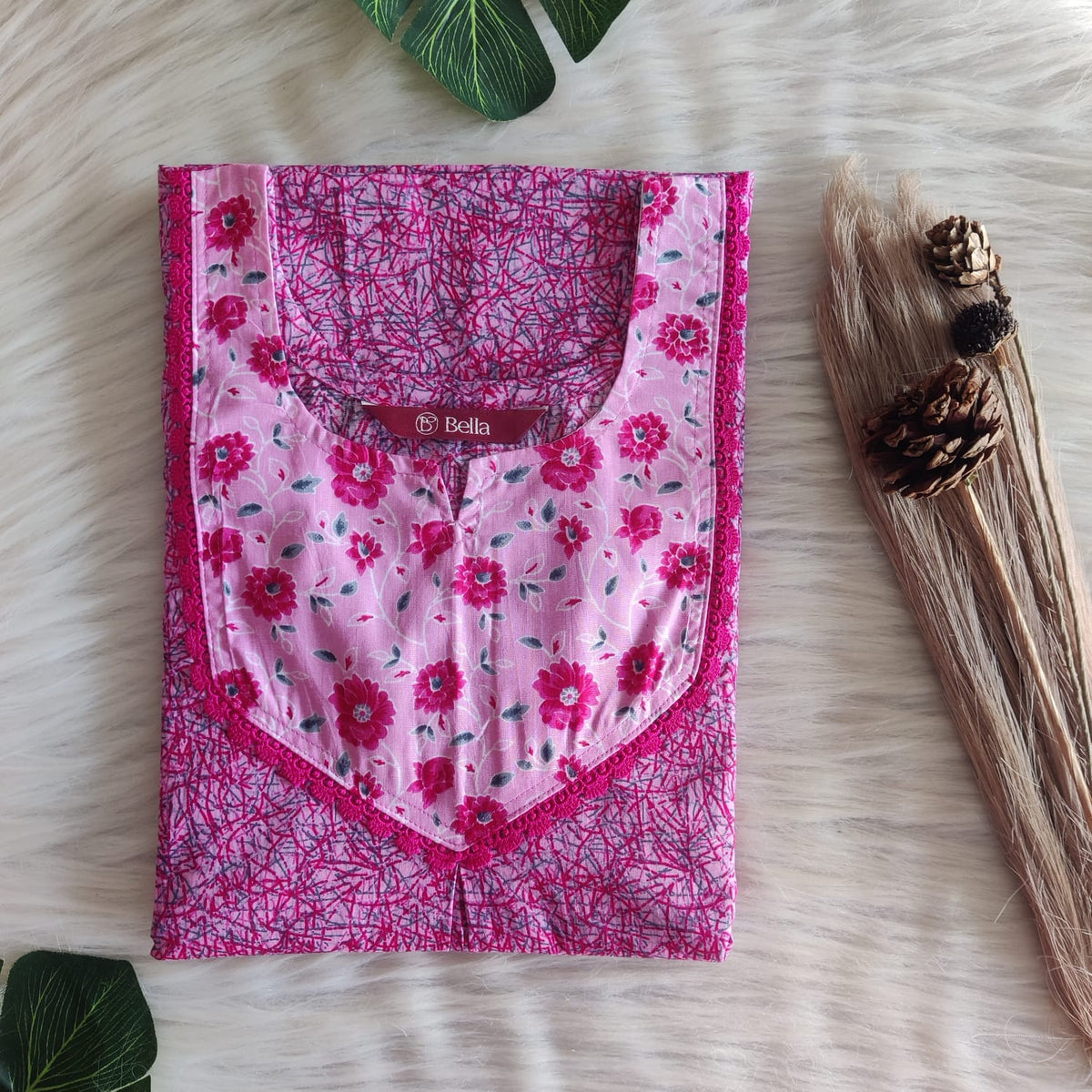 Pink And Grey Printed Premium Cotton Mix N Match Lace Pocket Nighty | Free Size | Chest Width 44″| Length 56″
