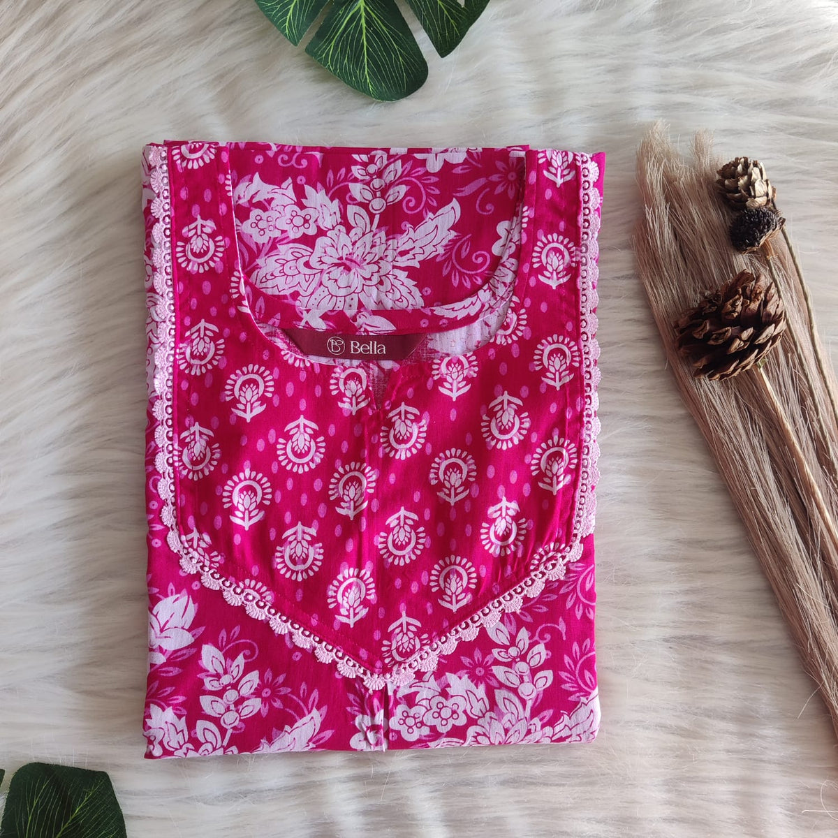 Pink And White Floral Printed Premium Cotton Mix N Match Lace Pocket Nighty | Free Size | Chest Width 44″| Length 56″