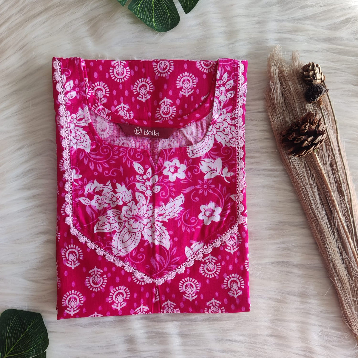 White And Pink Floral Printed Premium Cotton Mix N Match Lace Pocket Nighty | Free Size | Chest Width 44″| Length 56″