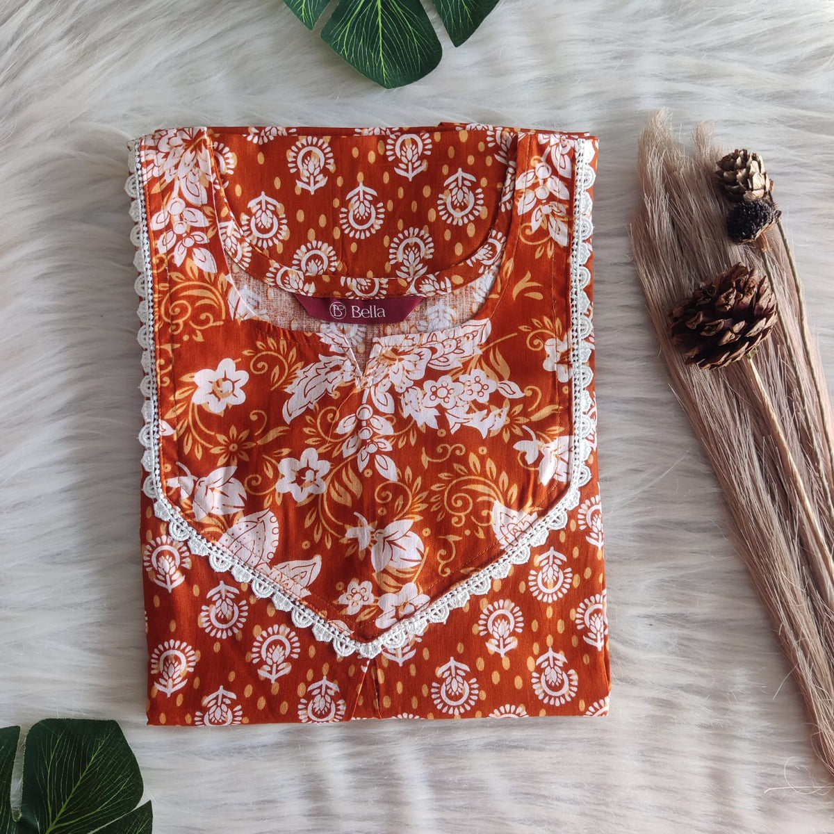 White And Brown Printed Premium Cotton Mix N Match Lace Pocket Nighty | Free Size | Chest Width 44″| Length 56″