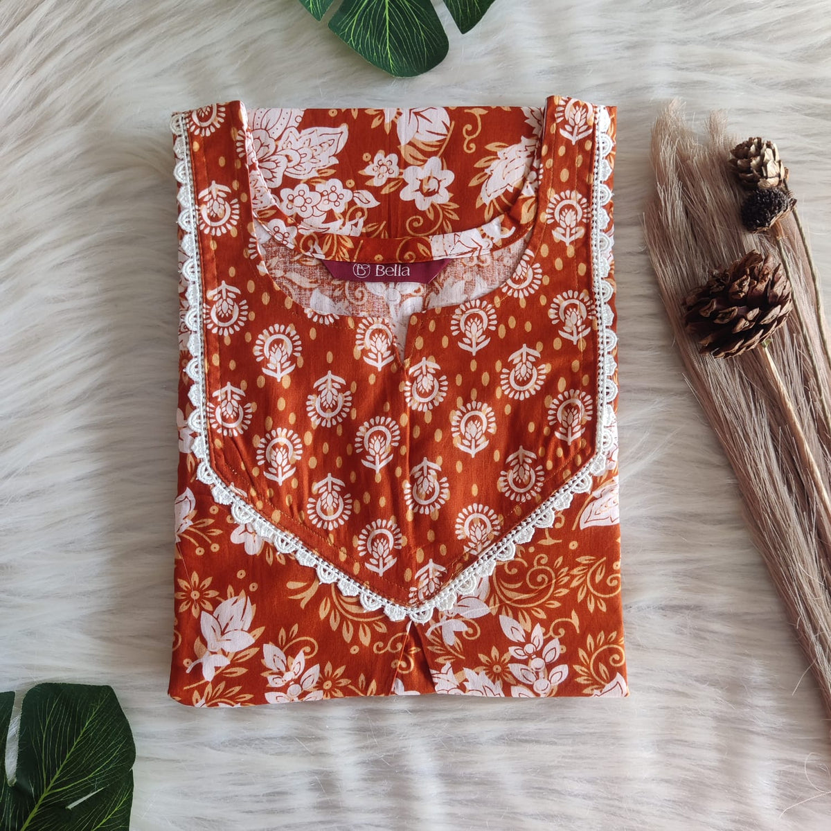 Brown And White Floral Printed Premium Cotton Mix N Match Lace Pocket Nighty | Free Size | Chest Width 44″| Length 56″