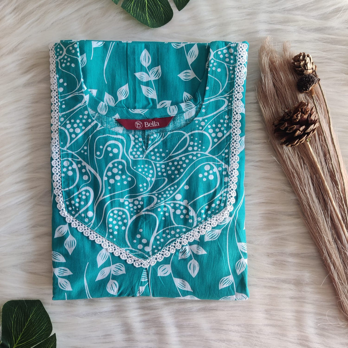 Blue And White Leaf Printed Premium Cotton Mix N Match Lace Pocket Nighty | Free Size | Chest Width 44″| Length 56″