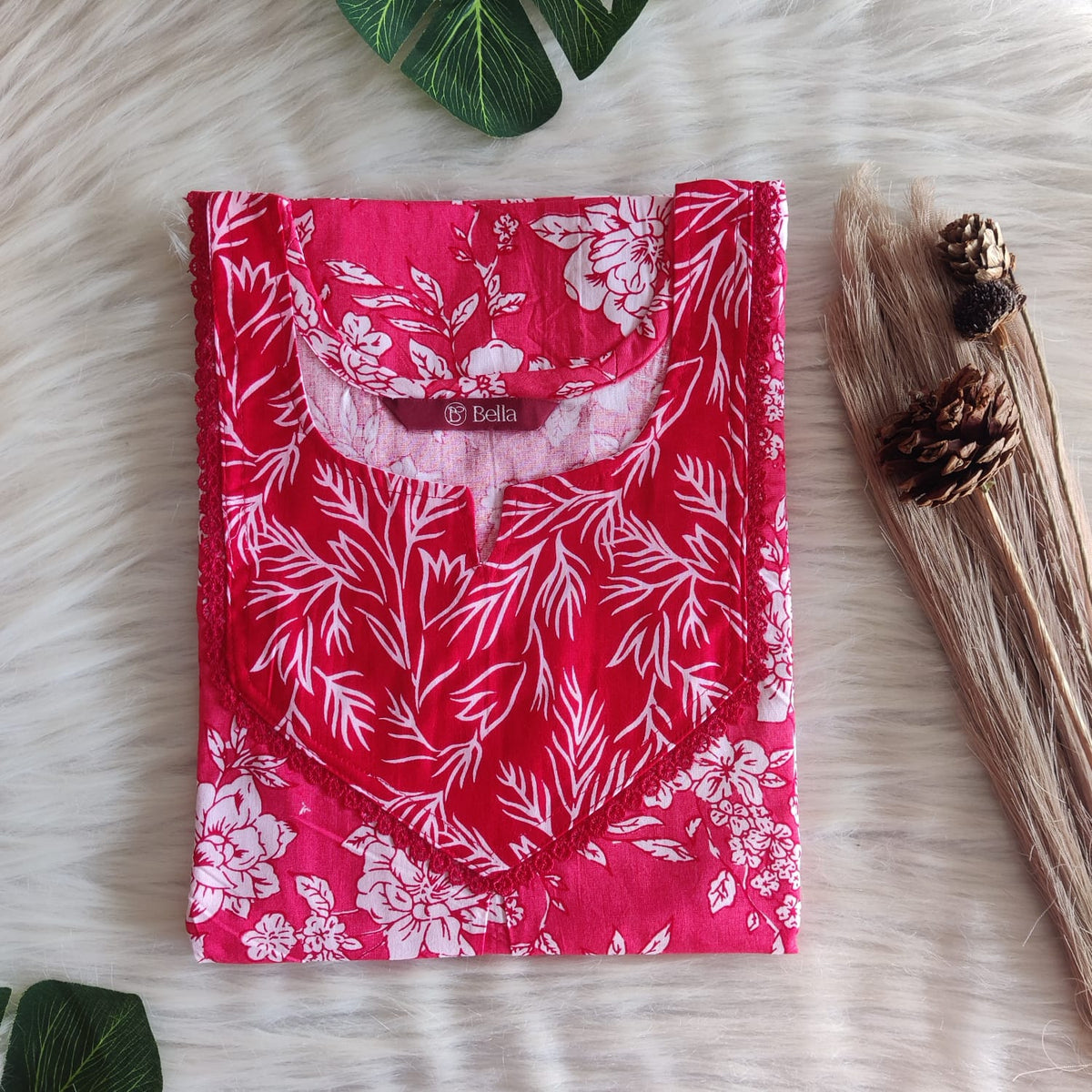 Red And Peach Printed Premium Cotton Mix N Match Lace Pocket Nighty | Free Size | Chest Width 44″| Length 56″