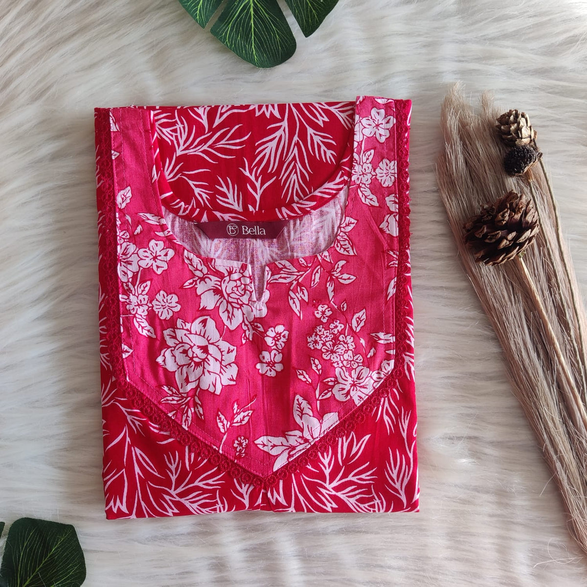 Peach And Red Printed Premium Cotton Mix N Match Lace Pocket Nighty | Free Size | Chest Width 44″| Length 56″